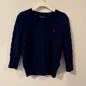Polo Ralph‎ Lauren Navy Blue Cable Knit Sweater Kids 4T Red Pony Logo
